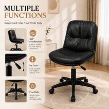 Vanity Chair With Back, PU Leather Swivel Office Desk Chair, Height Adjustable Armless Chair For Small Spaces, Bedroom, Vanity, Home Office Black - Black - View 3