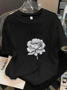Camiseta estampada para mujer, 1 unidad, manga corta, primavera/verano, el regalo perfecto para las fiestas. - Negro - Ver 1