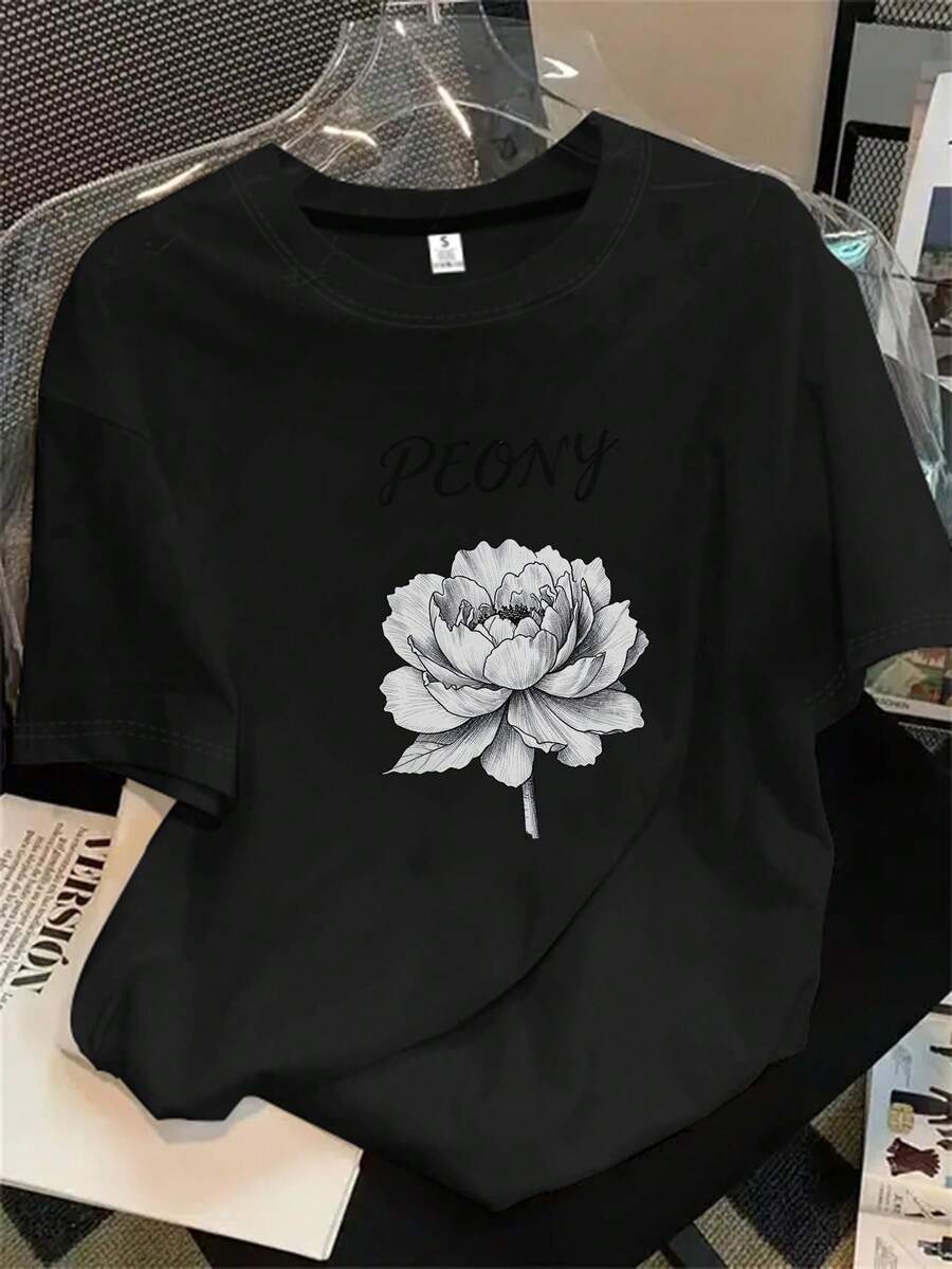 Camiseta estampada para mujer, 1 unidad, manga corta, primavera/verano, el regalo perfecto para las fiestas. - Negro - Ver 1