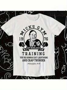 Camiseta blanca "Rocky" Mick's Gym con temática de frase clásica, ropa de moda para fans de la película de boxeo, diseño unisex casual y deportivo con la frase "Vas a comer mierda de rayo y - azul real - Ver 1