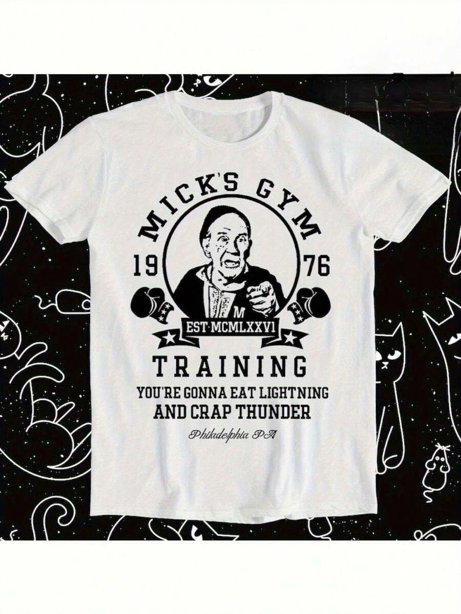 Camiseta blanca "Rocky" Mick's Gym con temática de frase clásica, ropa de moda para fans de la película de boxeo, diseño unisex casual y deportivo con la frase "Vas a comer mierda de rayo y - azul real - Ver 1