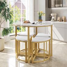 Dining Table And Chair Set, With MDF Tabletop And Gold Iron Frame, Velvet Chairs, Modern And Luxurious Style, White - Gold - View 3