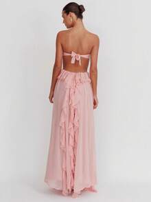 Nuevo Vestido Largo Gasa Volantes Espalda Descubierta - Rosa - Ver 4