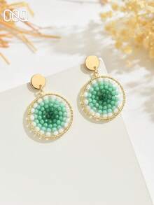 OOQ 1 paire de boucles d'oreilles rondes élégantes et vintage d'été avec perles en faux cristal, style bohème de vacances, boucles d'oreilles en perles de rocaille dégradées, Saint-Valentin, Fête des Mères, saison des mariages, cadeau pour le marié, la mariée et les demoiselles d'honneur, convient pour le port quotidien, les vacances et les fêtes des femmes (perles de rocaille tissées à la main, position des couleurs aléatoire) - Vert - Voir 2