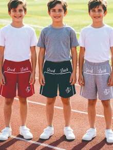 3-Piece Set/Multi-Piece Combination Pack For Boys' Everyday Casual Outings, Stylish Letter Print Patterned Straight Leg Shorts For Spring And Summer. - Multicolor - View 1