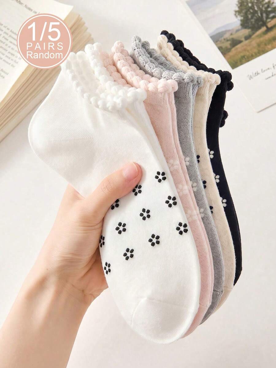 1/5雙女款隨機碎花與素色極簡低筒短襪,柔軟舒適透氣四季百搭休閒襪,適合日常穿著 - 彩色 - 查看 1