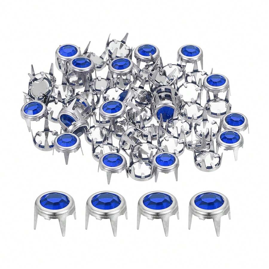 60pcs Rhinestone Rivets, 6mm Round Crystal Claw Studs Punk Spiked Decorative Rivets, Suitable For DIY Leather Craft Fabric Clothes Belt Bag Shoe Accessories, Silver/Blue - Dark Blue Brick DIY Multi-piece Set - View 1