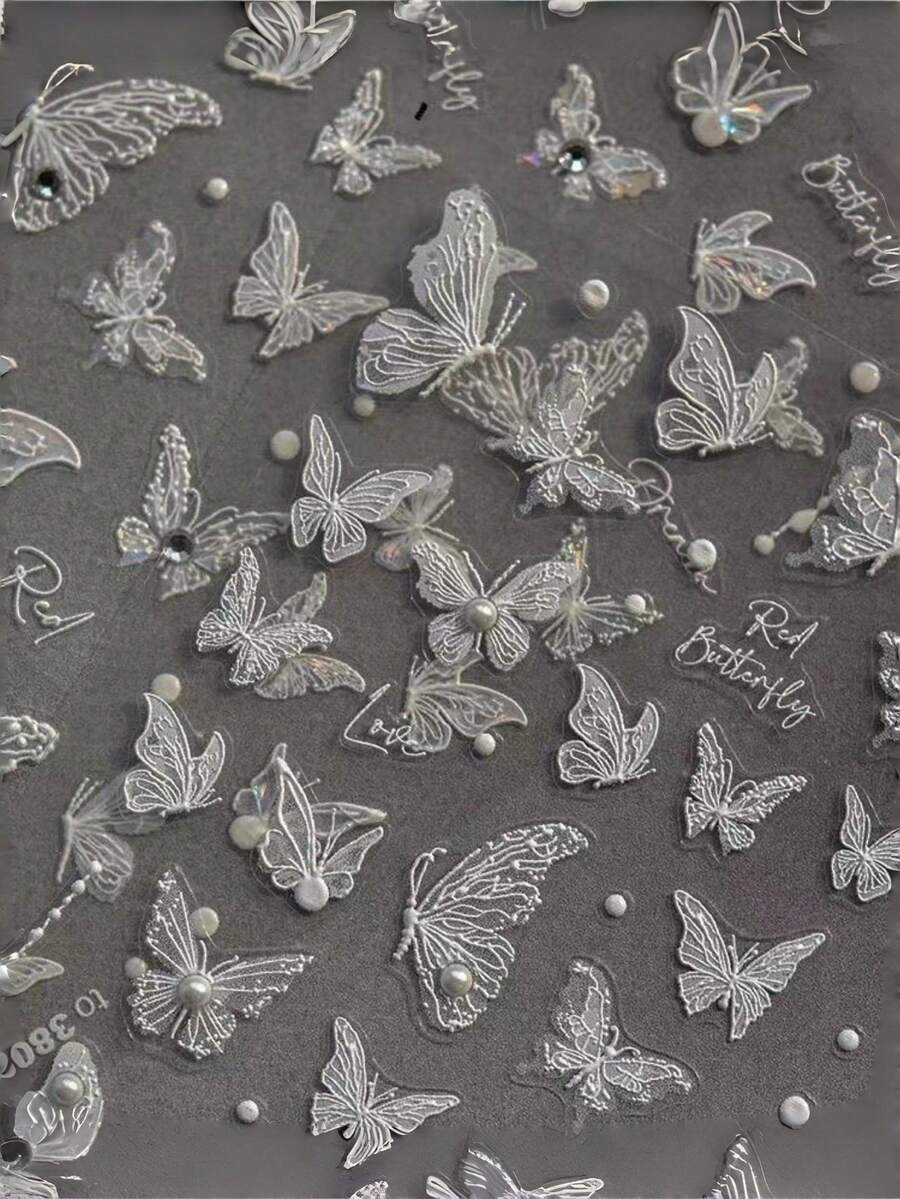 1pc Elegant White Butterfly Nail Sticker, Lace Texture With Pearl And Sparkling Rhinestone Decoration, Suitable For Wedding And Party Nail Art - Butterfly - View 1