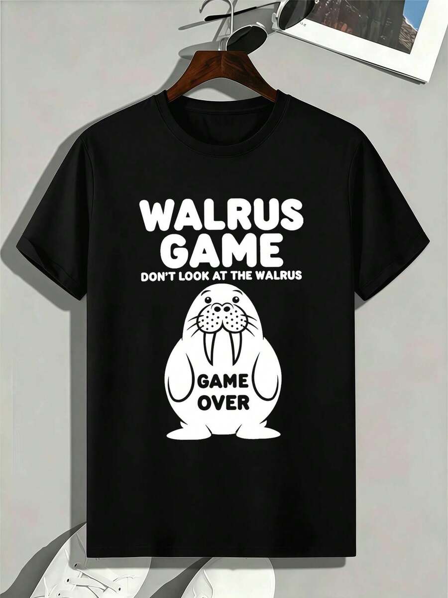 T-shirt da uomo con motivo tricheco, materiale di alta qualità, girocollo, vestibilità comoda, confortevole, design grafico - nero - Visualizzare 1