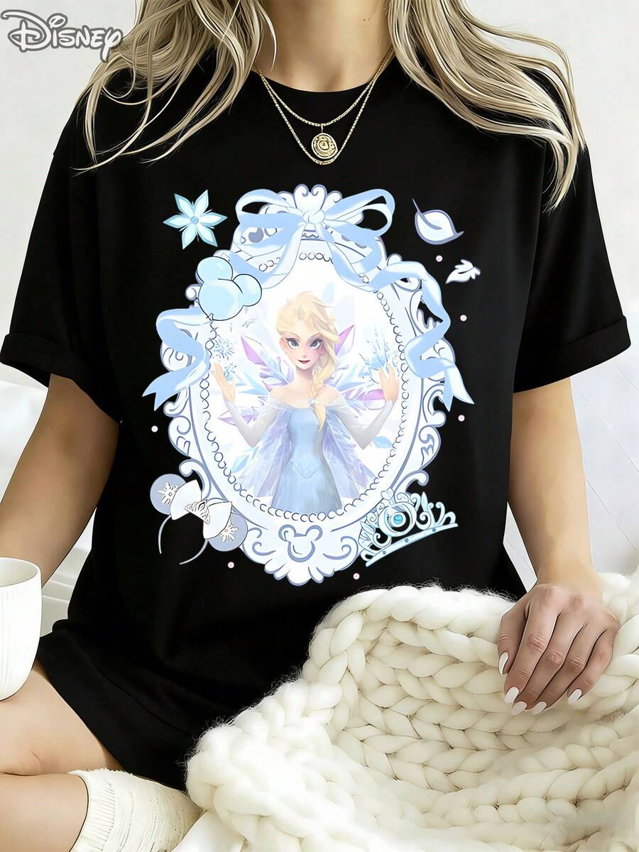 Disney Unisex Summer T-Shirts, Princess Aisha Frozen Border Prints, Soft Round Neck, Casual Daily Wear, Holiday Gifts. - Black - View 1