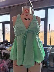 Women's Textured Halter Tankini Set, Two-Piece Swimsuit With Tie-Front Top & High Cut Bottoms - 紅色 - 查看 11
