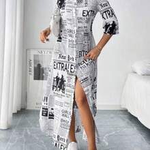 Vestido camisero de mujer de estilo maxi con estampado de periódico - Blanco y Negro - Ver 1