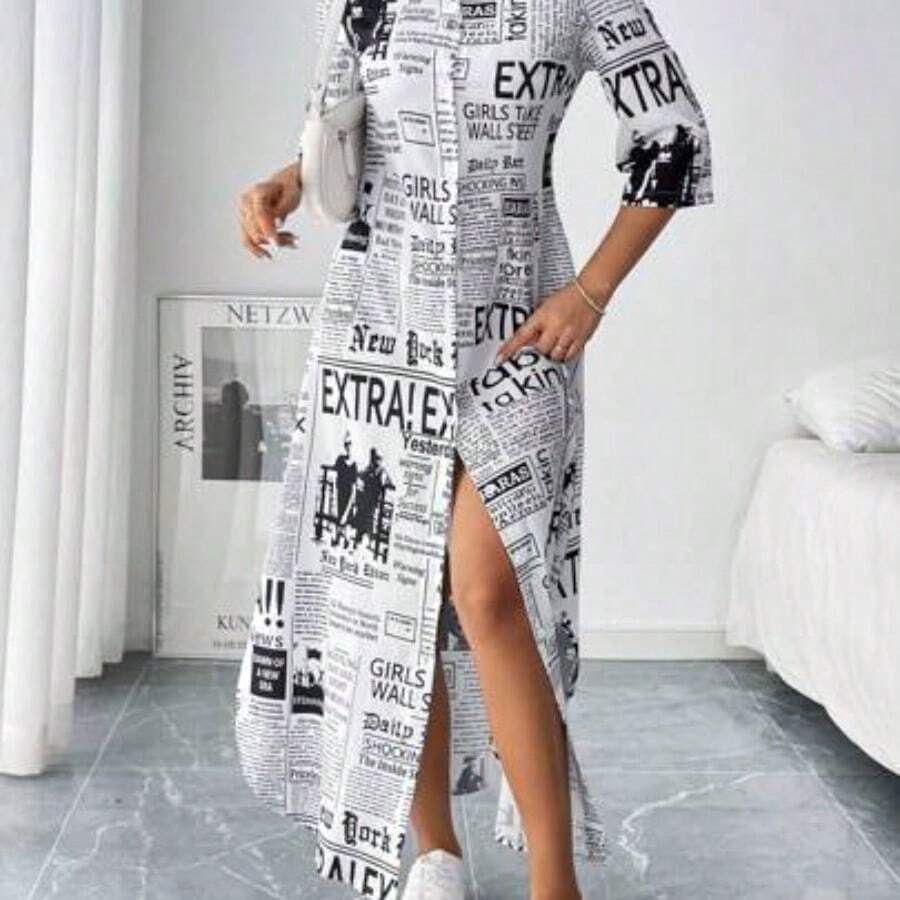 Vestido camisero de mujer de estilo maxi con estampado de periódico - Blanco y Negro - Ver 1