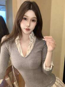 Women's Summer French Polo Shirt Collar Sleeveless Slim Shirt Dress With Belt, Elegant Style. - Grey - View 3