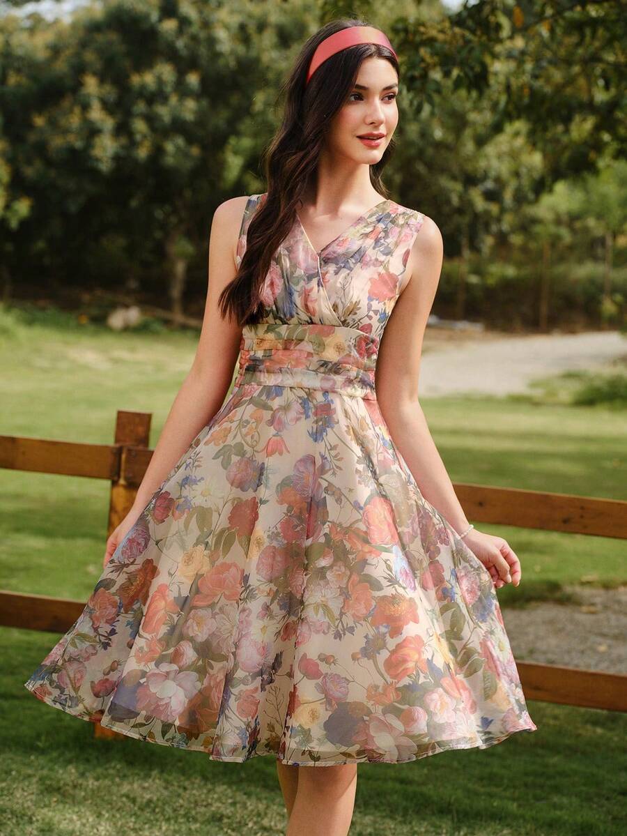 Vestido de mujer elegante vintage, vestido de verano/primavera con ajuste, estampado floral y cuello en V sin mangas, vestido con dobladillo de paraguas floral rosa - Albaricoque 2 - Ver 1