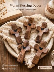 Aesthetic Walnut Wood Cross Set With Black Heart Healing Pocket Cross For Christians Wooden Cross Sleek Texture Blessing Carried Cross For Desk Grief Comfort Anxiety Relief Tokens - 5Pcs - View 4