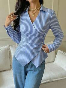 Asymmetrical Long Sleeve Striped Shirt 2026 - Blue - View 5