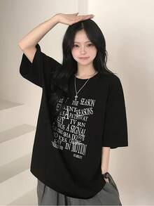 Camiseta Unisex de Algodón con Estampado de Letras, Estilo Casual Coreano y Japonés, Corte Holgado, Nueva Colección Primavera Verano VFCT - Negro - Ver 5