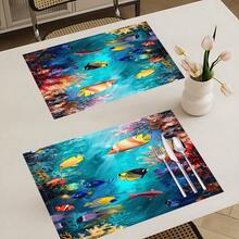 1 pieza/4piezas/6piezas, Decoración del hogar, Manteles individuales de lino con estampado de peces, Adecuados para la mesa de comedor, Decoración para todas las estaciones Primavera, Verano, Otoño, Invierno, Manteles de estilo moderno lavables, Decoración de habitación, Manteles, Posavasos, Manteles para mesa de comedor de cocina, Decoración de fiesta interior y exterior, Decoración del hogar, Regalo ideal - Multicolor - Ver 2