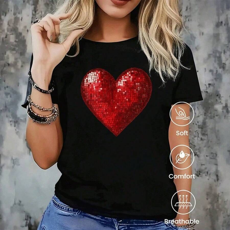 This T-Shirt Features A Round Neck Design. Its Surface Is Decorated With Exquisite Cartoon Patterns. Perfect For Couples To Wear. - màu đen - Xem 1