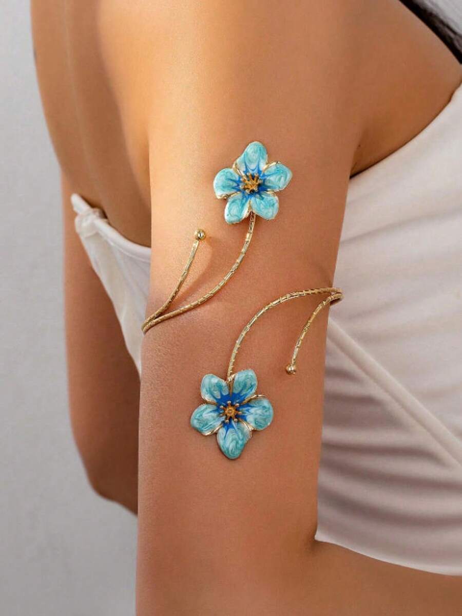 1Pc Punk Style Exaggerated Alloy Metal Multi-Color Enamel Flower Bracelet - Gold - View 1
