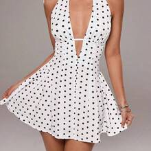 wsb - Colección de ropa femenina de moda  Vestido corto de mujer con escote profundo en V y espalda descubierta, con estampado de lunares, estilo de vacaciones, para verano - Negro1 - Ver 5