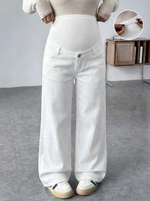 Pantalones sueltos de maternidad de pana gris con parches de mezclilla azul - Blanco - Ver 1