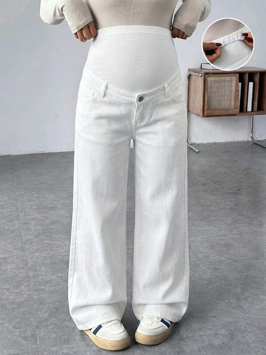 Pantalones sueltos de maternidad de pana gris con parches de mezclilla azul - Blanco - Ver 1