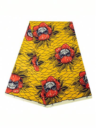 Yellow African Wax Print Fabric, Ankara Floral Cotton Cloth With Red Flower Pattern For Dress, Skirt, Headwrap, Sewing, Patchwork, Quilting, Crafts, Traditional Party Outfit, DIY Fashion Apparel Fabric