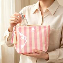 Personalized Striped Makeup Bag With Tassel, Portable Cosmetic Pouch For Travel, Makeup, Toiletries & Daily Beauty Storage, Gift For Girl - Multicolor - View 6
