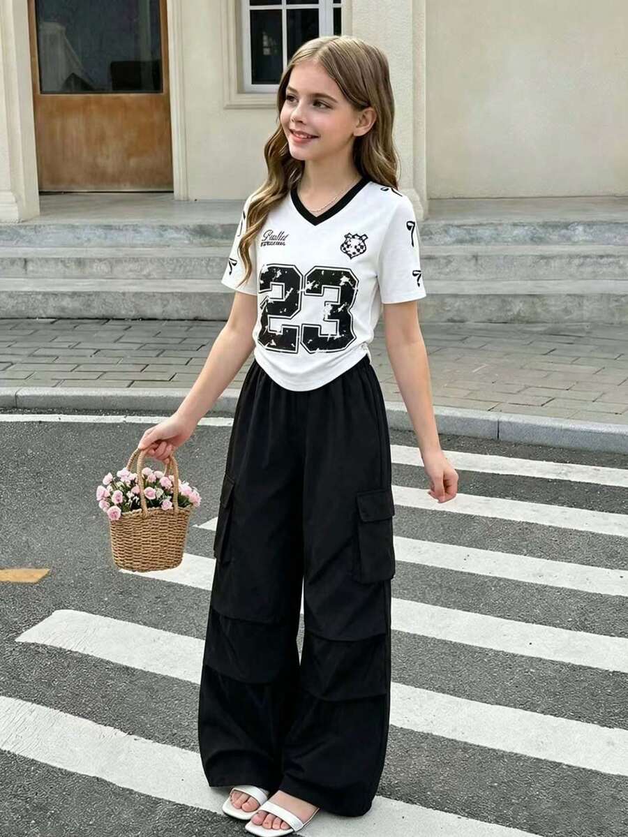Set de top de manga corta con estampado numérico y pantalones cargo para niña preadolescente - Blanco - Ver 1
