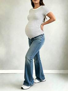 Parara Maternity V-Neck Striped Short Sleeve Ribbed Knit High Stretch T-Shirt Summer - Black and White - View 2