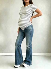 Parara Maternity V-Neck Striped Short Sleeve Ribbed Knit High Stretch T-Shirt Summer - Black and White - View 7