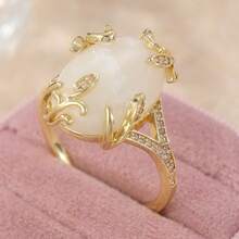 1 pieza Anillo de mujer vintage de lujo exquisito con diseño creativo de patrón de hoja, accesorio de joyería altamente estético - Dorado - Ver 2