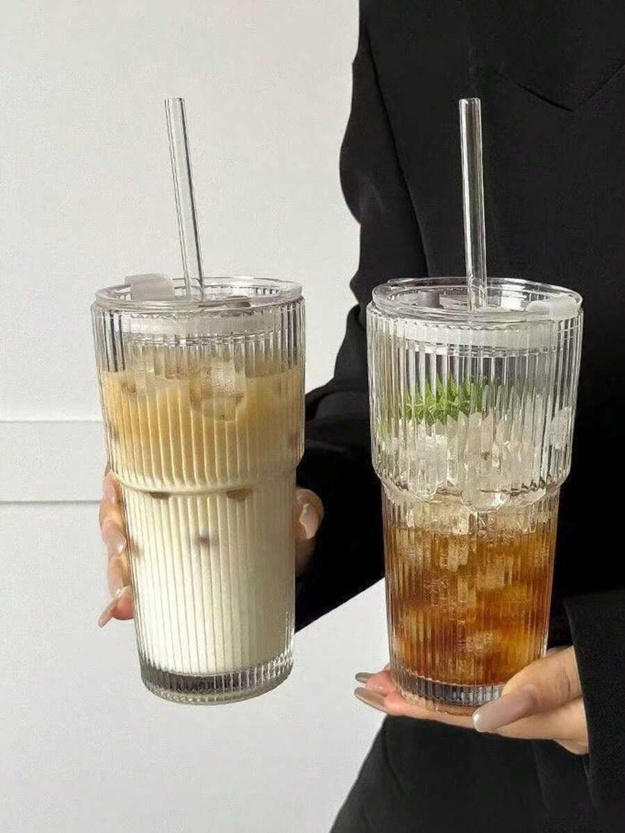 1 PCS Glass Cups With Lids And Glass Straws, 20 OZ Iced Coffee Cups, Home Essential And Coffee Bar Accessories, Glass Tumblers With Lid And Straw, Suitable For Coffee, Juice, Cocktails, And Tea.