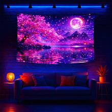 2D Blacklight Tapestry, Cherry Blossom Moonlight Lake Scene Design, Suitable For Bedroom, Living Room, Office Wall Decor. Also Suitable For Indoor And Outdoor Holiday Door Flags, Suitable For Porch And Garden. Computer Room Decor, Holiday And Party Decor - Multicolor - View 2
