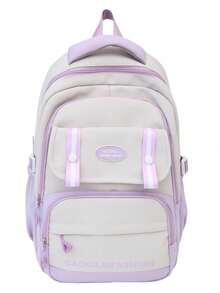 Large Capacity Color Block School Backpack | Beige & Black Bag With Logo & Striped Details | School/Travel/Commute | Bag,Y2k - Multicolor - View 14