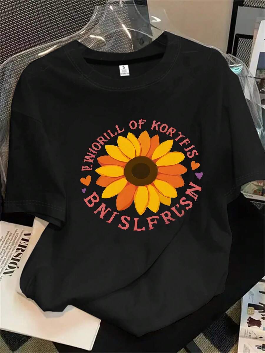 Camiseta estampada para mujer, 1 unidad, manga corta, primavera/verano, el regalo perfecto para las fiestas. - Negro - View 1