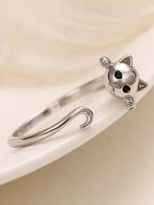 Nhẫn đuôi mèo điều chỉnh được, nhẫn quấn hở mạ bạc hình mèo con dễ thương với mắt đen, trang sức động vật thời trang cho nữ đeo hàng ngày - Bạc - Xem 5