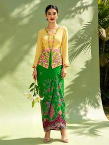 女款 Saruang Kebaya，1件裝 Nyonya Kebaya 花卉印花優雅長裙，春/夏款（不含上衣） - 綠色 - 查看 7