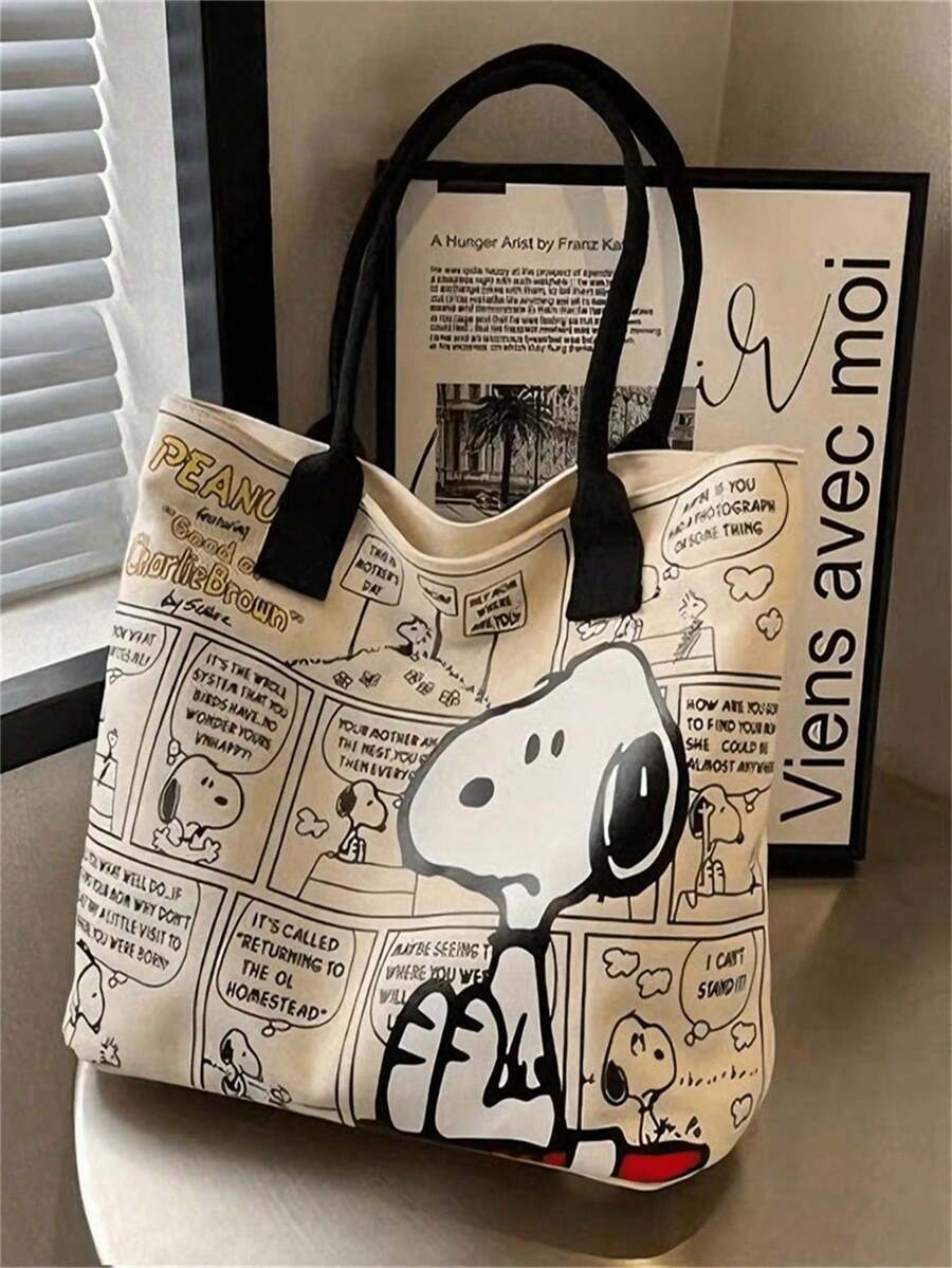 Peanuts 官方 Snoopy 卡通印花帆布包,大容量托特包兼單肩斜跨包,多口袋設計,可放入 14 吋筆電,耐用布料,適合青少年女孩/女性/學生,適用於上學/通勤/旅行,Snoopy/Peanuts 粉絲理想生日禮物 - 查看 1