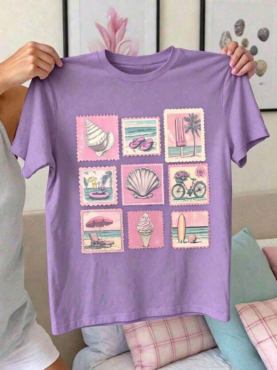 Summer New Style T-Shirt With Sleeves Retro Stamps, Seashell Ice Cream, Surfing Board. Printed Casual Plus-Size T-Shirt. A Gift For Friends, Parents. - 紫色 - 查看 1