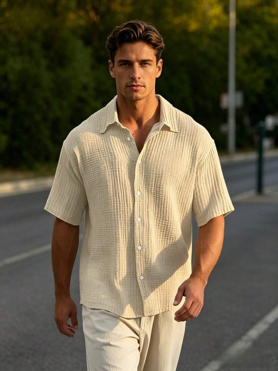 Men's Casual Short-Sleeve Cotton Shirt, Loose And Lightweight - Khaki - View 1