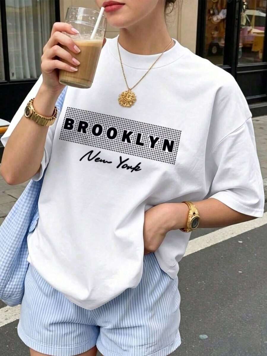 Camiseta de manga corta de moda de verano para mujer, camiseta casual de moda para exteriores con estampado de 'letras', camiseta holgada casual para mujer con un diseño lindo. - Blanco - Ver 1