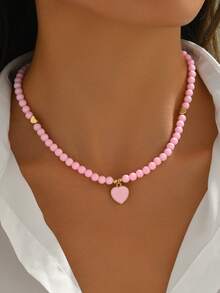 1pc Vintage Fashion Elegant Exquisite Heart Pendant Beaded Necklace Suitable For Women Daily Casual Outings Banquets Music Festivals Party Events Wear Holiday Gift (Bead Quantity Random, Heart Bead Position Random) - Pink - View 2