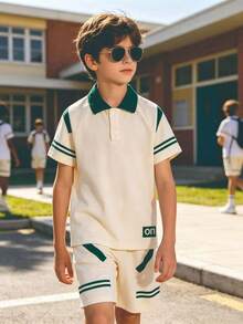 2 pièces/Set Chemise polo à manches raglan avec imprimé lettres et short pour garçons, style décontracté et mode, pour le printemps/été - Nude - Voir 1