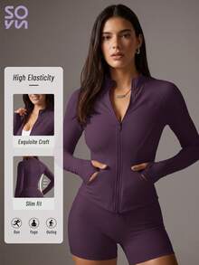 Soyun Women's One-Piece Yoga Top With Side Pockets, Fitted With Double Zipper Design, Suitable For Sports, Outdoor Yoga And Gatherings - Purple - View 8