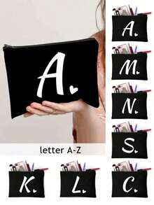 Letter Print Patchwork Women's Makeup Bag, Black Small Size, Letter A-Z, Makeup Bag, Portable Toiletry Bag, Reusable Makeup Bag, Women's Simple Large Capacity Travel Makeup Bag, Earphone, Ls - Black - View 1