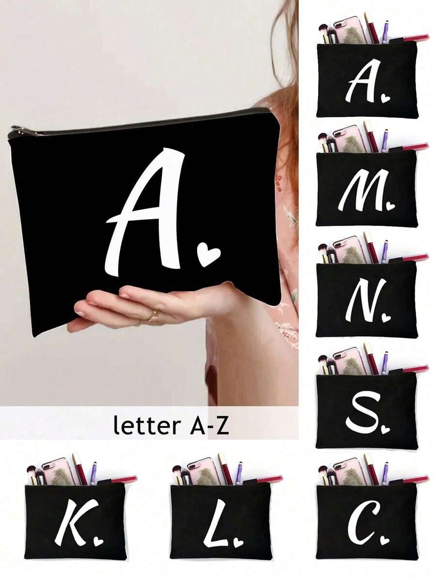 Letter Print Patchwork Women's Makeup Bag, Black Small Size, Letter A-Z, Makeup Bag, Portable Toiletry Bag, Reusable Makeup Bag, Women's Simple Large Capacity Travel Makeup Bag, Earphone, Ls - Black - View 1