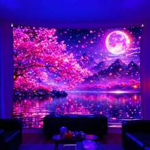 2D Blacklight Tapestry, Cherry Blossom Moonlight Lake Scene Design, Suitable For Bedroom, Living Room, Office Wall Decor. Also Suitable For Indoor And Outdoor Holiday Door Flags, Suitable For Porch And Garden. Computer Room Decor, Holiday And Party Decor - Multicolor - View 1